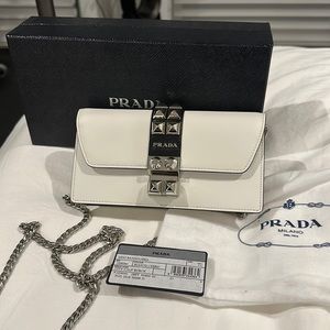 Prada white leather with silver hardware mini bandoliera bag